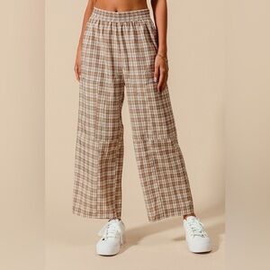 Plaid Wide-Leg Pants with Pockets in Coffee/Ivory